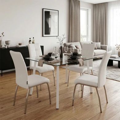 Τραπεζαρία με Καρέκλες Ariadne Λευκό και Τραπέζι Titta γυαλί 120x70x75εκ Σετ 5τεμ