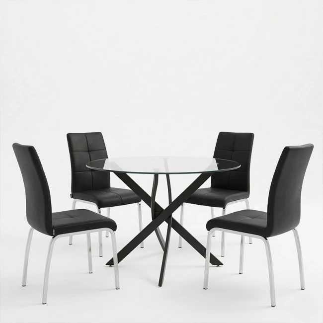Τραπεζαρία με Καρέκλες Ariadne Μαύρο και Τραπέζι Antoro γυαλί Φ100x75εκ Σετ 5τεμ