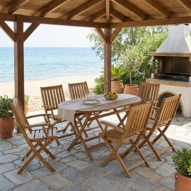 Τραπεζαρία Mobie-Falov pakoworld σετ 7τεμ φυσικό μασίφ ξύλο ακακίας 130x80x72εκ