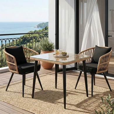 Naoki dining table set of 3 pcs pakoworld metal black-pe natural-glass 80x80x78cm