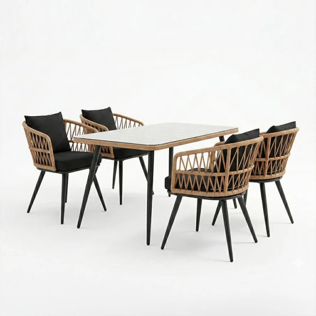 Τραπεζαρία Naoki σετ 5 τεμ pakoworld γυάλινο- pe rattan σε φυσική απόχρωση με μαυρα πόδια 140x80x78εκ