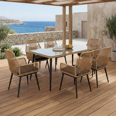 Τραπεζαρία Naoki-Tanish pakoworld σετ 7 τμχ rattan φυσικό-μαύρο μέταλλο-γυαλί 160x90x78εκ