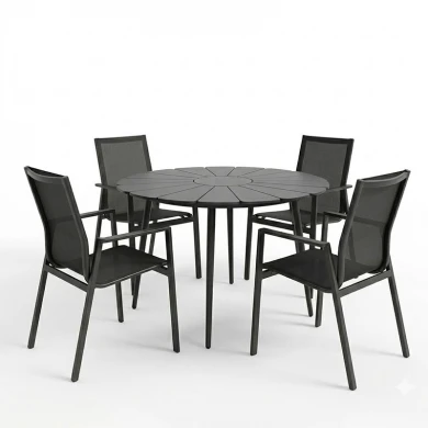 Τραπεζαρία Pinap-Dashiell σετ 5τεμ pakoworld μαύρο αλουμίνιο και plywood σε μαύρη απόχρωση Φ110x74εκ