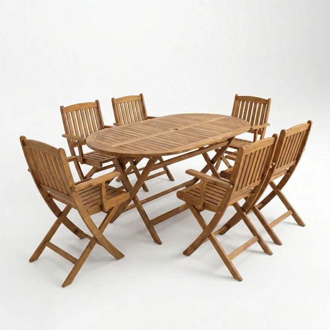 Τραπεζαρία Recofly-Falov pakoworld σετ 7τεμ φυσικό μασίφ ξύλο ακακίας 130x80x72εκ