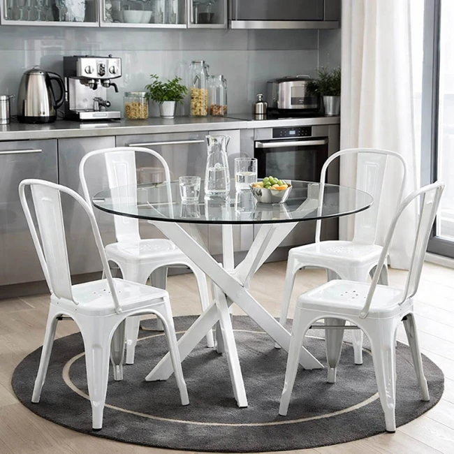 Τραπέζι Antoro pakoworld γυαλί και μεταλλικά πόδια σε λευκή απόχρωση Φ80x75εκ