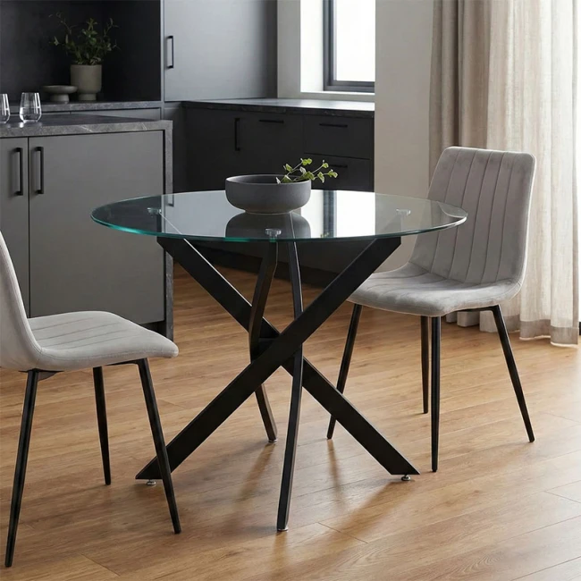 Τραπέζι Antoro pakoworld γυαλί και μεταλλικά πόδια σε μαύρη απόχρωση Φ100x75εκ