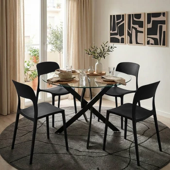 Τραπέζι Antoro pakoworld γυαλί και μεταλλικά πόδια σε μαύρη απόχρωση Φ80x75εκ