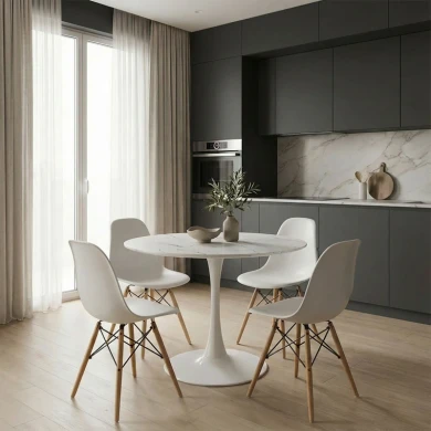 Tραπέζι Balou pakoworld mdf σε λευκή απόχρωση με όψη μαρμάρου Φ80x73εκ