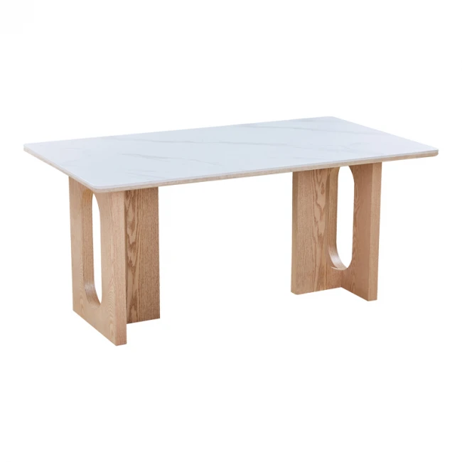 Τραπέζι Benqui pakoworld sintered stone-mdf σε λευκό μαρμάρου με βάση σε φυσική απόχρωση 160x90x75εκ