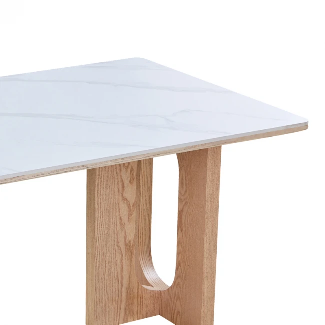 Τραπέζι Benqui pakoworld sintered stone-mdf σε λευκό μαρμάρου με βάση σε φυσική απόχρωση 160x90x75εκ