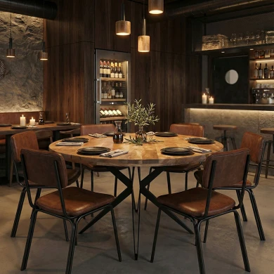 Τραπέζι Bocco Ι pakoworld ξύλο mango φυσικό 3εκ με μαύρα μεταλλικά πόδια Φ150x77εκ