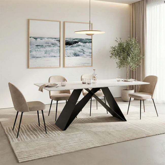 Τραπέζι Mapele pakoworld sintered stone λευκή όψη μαρμάρου με μαύρα μεταλλικά πόδια 180x90x75εκ