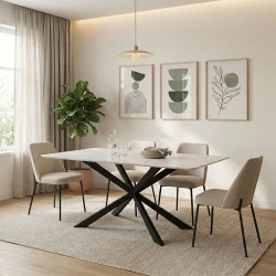 Τραπέζι Mattias pakoworld sintered stone λευκη όψη μαρμάρου με μαύρα μεταλλικά πόδια 180x90x75εκ