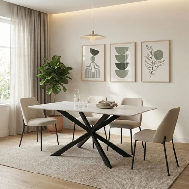 Τραπέζι Mattias pakoworld sintered stone λευκη όψη μαρμάρου με μαύρα μεταλλικά πόδια 180x90x75εκ