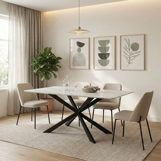 Τραπέζι Mattias pakoworld sintered stone λευκη όψη μαρμάρου με μαύρα μεταλλικά πόδια 180x90x75εκ