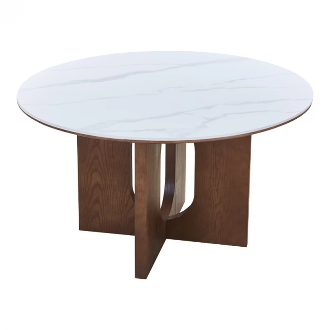 Τραπέζι Merge pakoworld sintered stone-mdf σε λευκό μαρμάρου με καρυδί βάση Φ130x75εκ