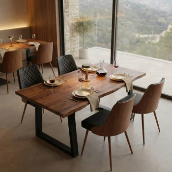 Τραπέζι Miles pakoworld μασίφ ξύλο ακακίας πάχους 3.7-4εκ σε καρυδί απόχρωση με μαύρα μεταλλικά πόδια 140x80x76εκ