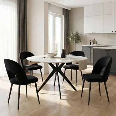 Τραπέζι Orbital pakoworld sintered stone λευκή όψη μαρμάρου με μαύρα μεταλλικά πόδια Φ120x76εκ