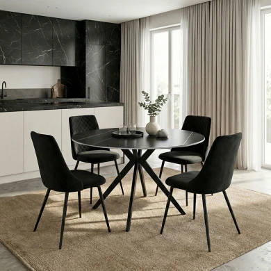 Τραπέζι Orbital pakoworld sintered stone μαύρη όψη μαρμάρου με μαύρα μεταλλικά πόδια Φ120x76εκ