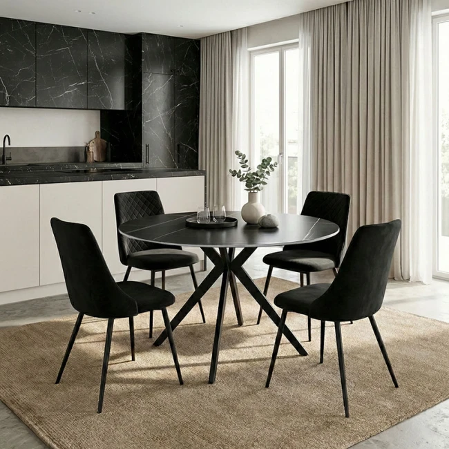 Τραπέζι Orbital pakoworld sintered stone μαύρη όψη μαρμάρου με μαύρα μεταλλικά πόδια Φ120x76εκ