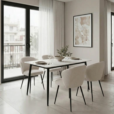 Τραπέζι Pembe pakoworld sintered stone λευκή όψη μαρμάρου με μαύρα μεταλλικά πόδια 120x70x75εκ