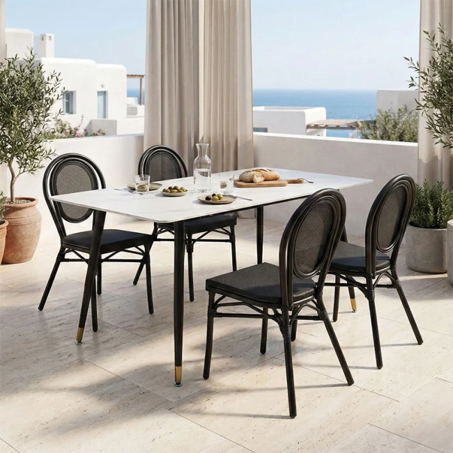 Τραπέζι Pembe pakoworld sintered stone λευκή όψη μαρμάρου με μαύρα μεταλλικά πόδια 140x80x75εκ