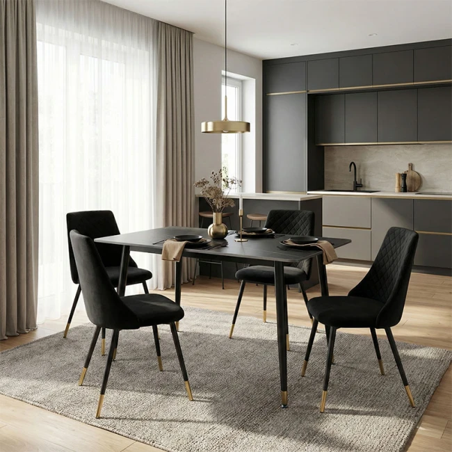 Τραπέζι Pembe pakoworld sintered stone μαύρη όψη μαρμάρου με μαύρα μεταλλικά πόδια 140x80x75εκ