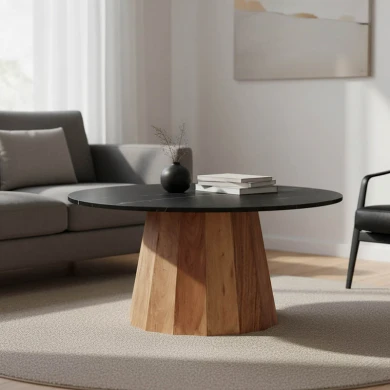 Τραπέζι σαλονιού Ezerdian pakoworld μασίφ ξύλο ακακίας σε φυσική απόχρωση με επιφάνεια μαύρου ματ μαρμάρου Φ90x45εκ