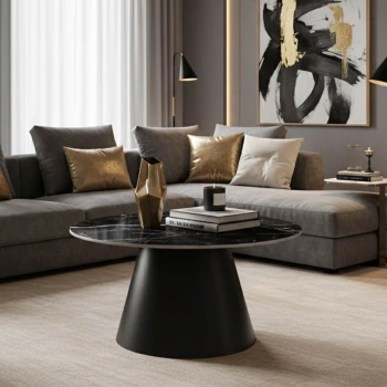 Fabrin Inart coffee table black marble sintered stone-black metal D70x40cm