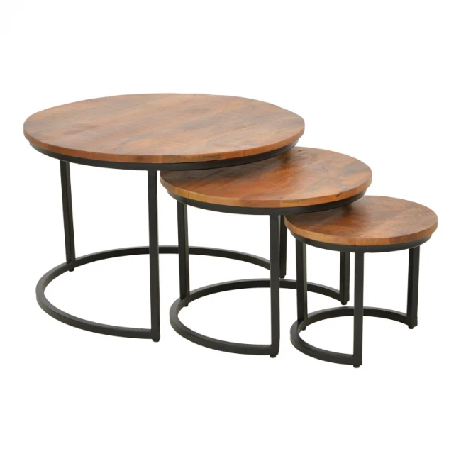 Frina pakoworld coffee table set of 3 mango wood in walnut color with black metal leg