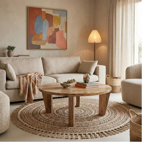 Coffee table Japandi pakoworld natural color mango wood Φ90x35cm