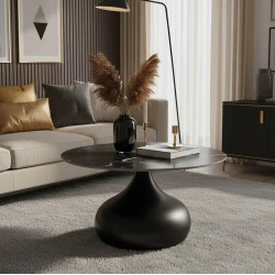 Kirkene Inart coffee table black marble sintered stone and black metal D70x40cm