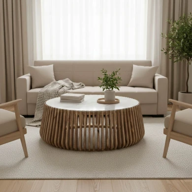 Τραπέζι σαλονιού Mable pakoworld μάνγκο ξύλο σε φυσική απόχρωση με επιφάνεια μαρμάρου Φ120x45εκ