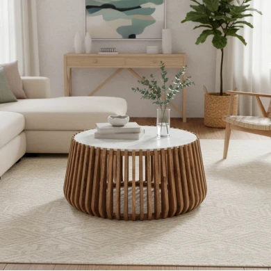 Τραπέζι σαλονιού Mable pakoworld μάνγκο ξύλο σε φυσική απόχρωση με επιφάνεια μαρμάρου Φ80x45εκ