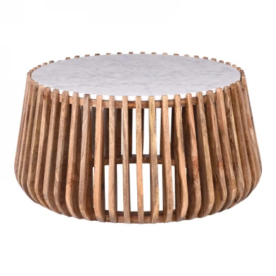 Τραπέζι σαλονιού Mable pakoworld μάνγκο ξύλο σε φυσική απόχρωση με επιφάνεια μαρμάρου Φ80x45εκ