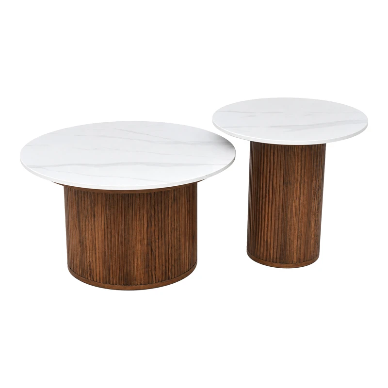 Coffee table Skerta pakoworld set of 2 pieces white sintered stone mdf walnut base