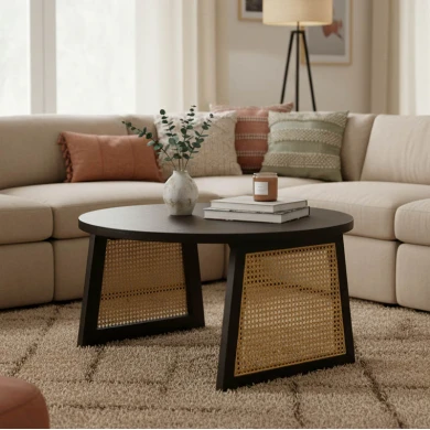 Τραπέζι Tamarind pakoworld ξύλο mango-φυσικό rattan σε μαύρη απόχρωση Φ65x40εκ