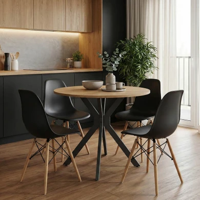 Τραπέζι Xuson pakoworld φυσικό mdf-πόδι μαύρο μέταλλο Φ80x75εκ