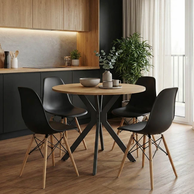 Τραπέζι Xuson pakoworld φυσικό mdf-πόδι μαύρο μέταλλο Φ80x75εκ