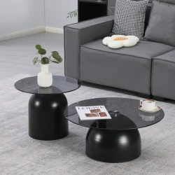 Coffee tables Barel pakoworld set of 2 black metal-black smoke glass Coffee tables Barel pakoworld set of 2 black metal-black smoke glass