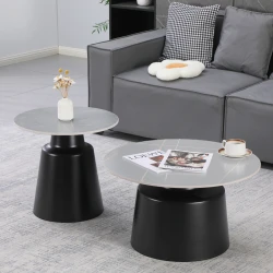 Τραπέζια σαλονιού Dualis pakoworld σετ 2 τεμ μαυρο μέταλλο-sintered stone σε γκρι μαρμάρου