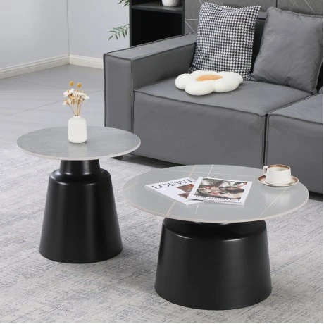 Coffee tables Dualis pakoworld set of 2 pieces black metal-sintered stone in grey marble look color