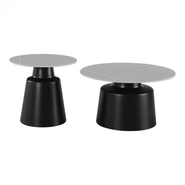 Τραπέζια σαλονιού Dualis pakoworld σετ 2 τεμ μαυρο μέταλλο-sintered stone σε γκρι μαρμάρου