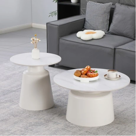Coffee tables Dualis pakoworld set of 2 pieces metal-sintered stone in white marble