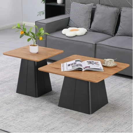Square coffee tables pakoworld set of 2 pcs black metal-mdf in natural shade
