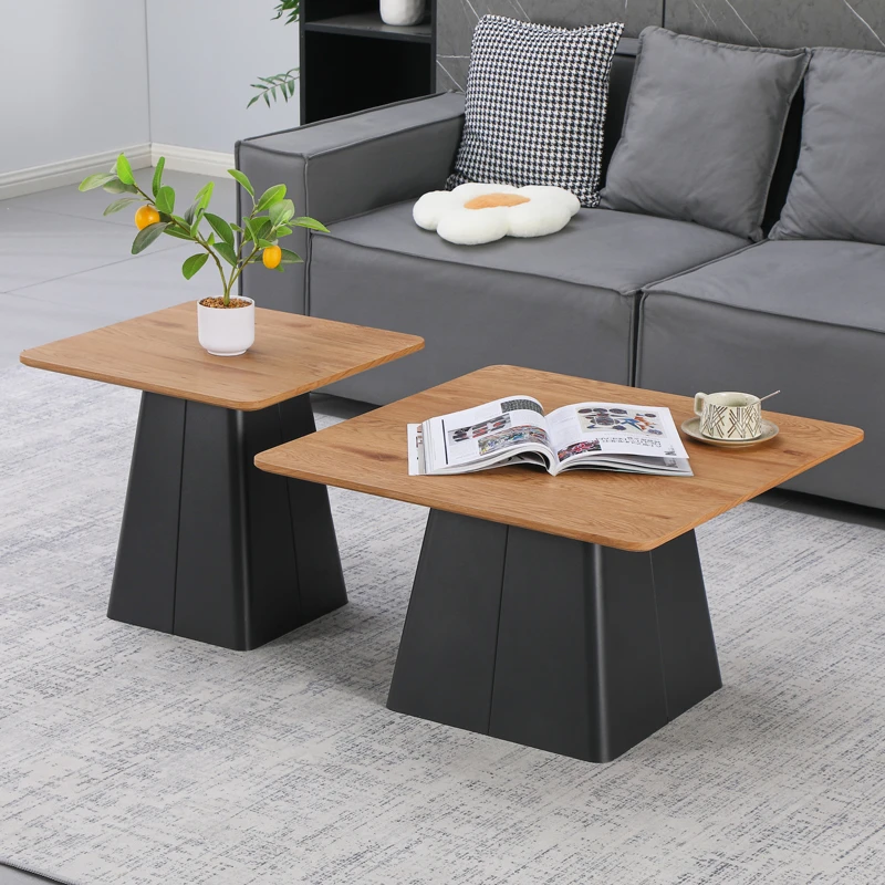 Square coffee tables pakoworld set of 2 pcs black metal-mdf in natural shade