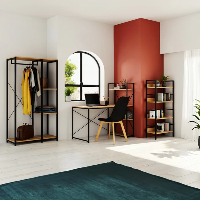 Βιβλιοθήκη- Ραφιέρα Ramon pakoworld φυσικό-μαύρο 60x28x125,5εκ