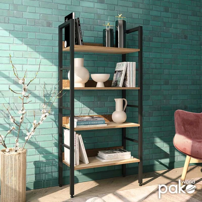 Βιβλιοθήκη- Ραφιέρα Ramon pakoworld φυσικό-μαύρο 60x28x125,5εκ