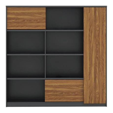 Professional oscar pakoworld professional office display bookcase melamine in walnut-charcoal shade 180x40x180cm