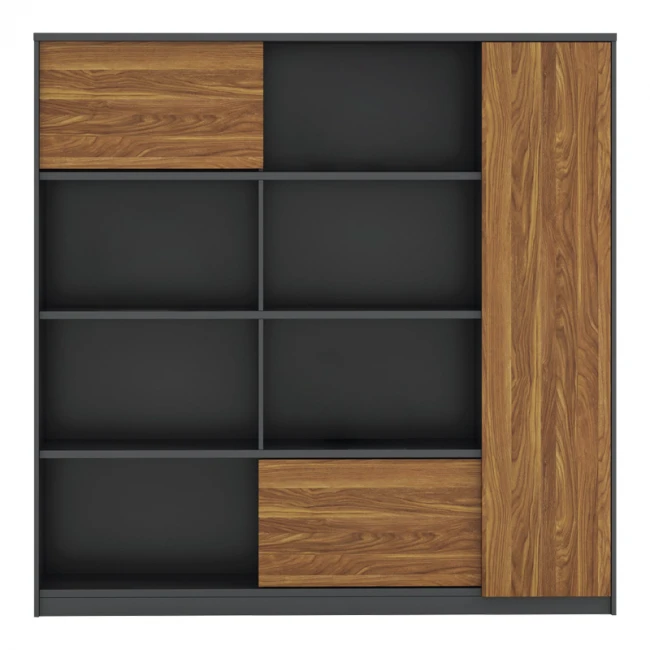 Oscar pakoworld professional office display bookcase melamine in walnut-charcoal shade 180x40x180cm